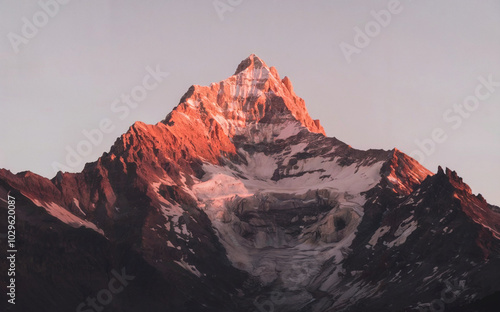 A majestic mountain peak bathed in a warm, golden hue, likely during sunrise or sunset. photo