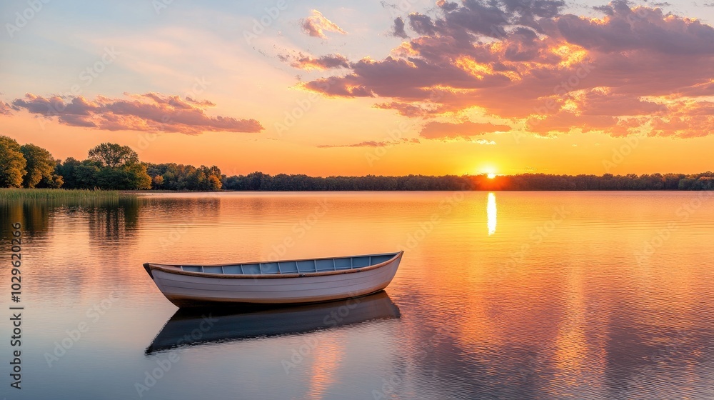 A lone rowboat floats on a calm lake at sunset, with vibrant oranges and pinks reflecting on the water, perfect for serene and relaxing themes A lone rowboat floats on a calm lake at sunset, with vibrant oranges and pinks reflecting on the water, perfect for serene and relaxing themes