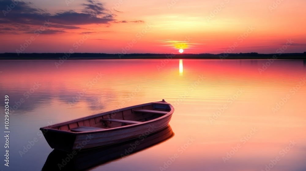 A serene sunset over a tranquil lake, with oranges and pinks reflecting on the water and a lone rowboat, ideal for peaceful nature themes A serene sunset over a tranquil lake, with oranges and pinks reflecting on the water and a lone rowboat, ideal for peaceful nature themes
