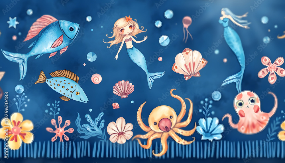 Seamless border pattern of blue hand painted fairy tale sea animals and mermaid. Watercolor fantasy fish, octopus, sea shells, bubbles on a dark indigo background. Batik fringe, textile print isolat Seamless border pattern of blue hand painted fairy tale sea animals and mermaid. Watercolor fantasy fish, octopus, sea shells, bubbles on a dark indigo background. Batik fringe, textile print isolat