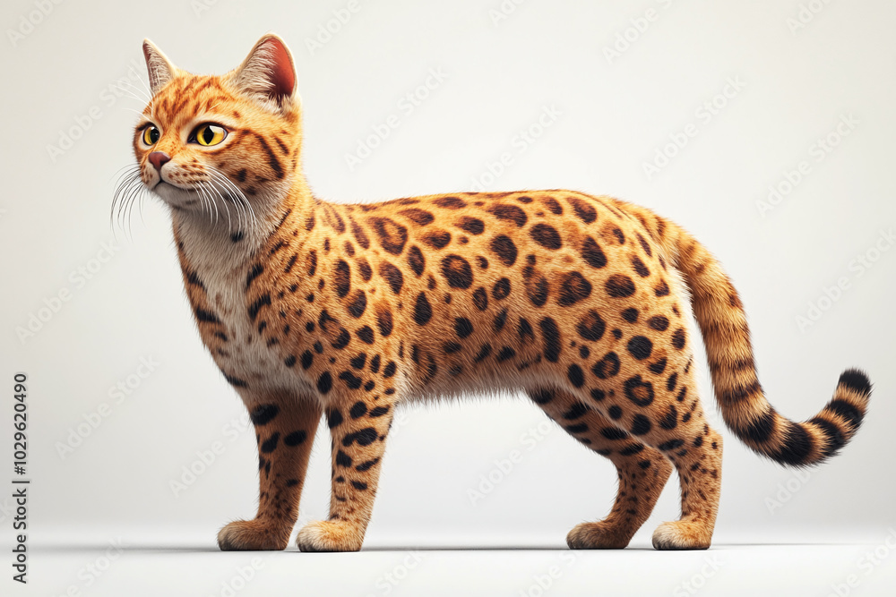 Cute Ocicat: An Ocicat with its spotted coat standing confidently against a white background. Cute Ocicat: An Ocicat with its spotted coat standing confidently against a white background.