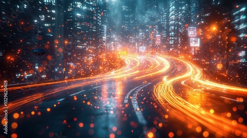 A vibrant cityscape featuring illuminated skyscrapers and winding roads, showcasing the motion of cars with bright lights during a rainy night.