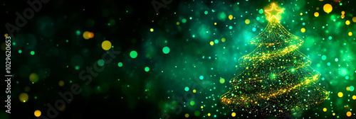 Beautiful christmas tree banner with text space. xmas decoration with glowing lines garlands on blurred abstract background with bokeh. New Year holiday header in yellow green colors.