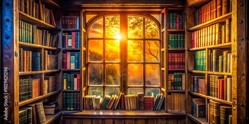 Wallpaper Mural Vintage Library Shelf with Books Through Window - Nostalgic Reading Scene Torontodigital.ca