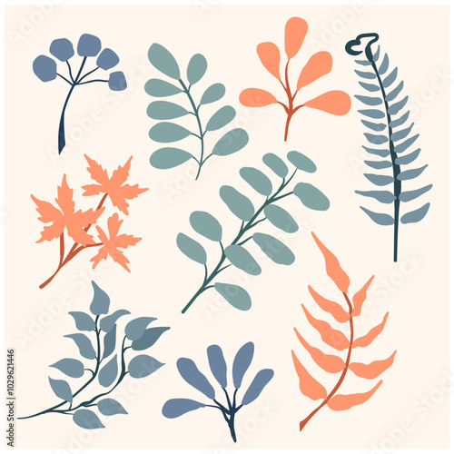 Hand drawn abstract set boho leaf with background cream