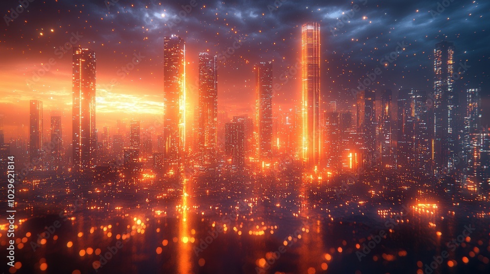 Fototapeta premium A stunning view of a futuristic city skyline illuminated by sunset hues, with towering skyscrapers and a vibrant atmosphere. An awe-inspiring urban landscape.