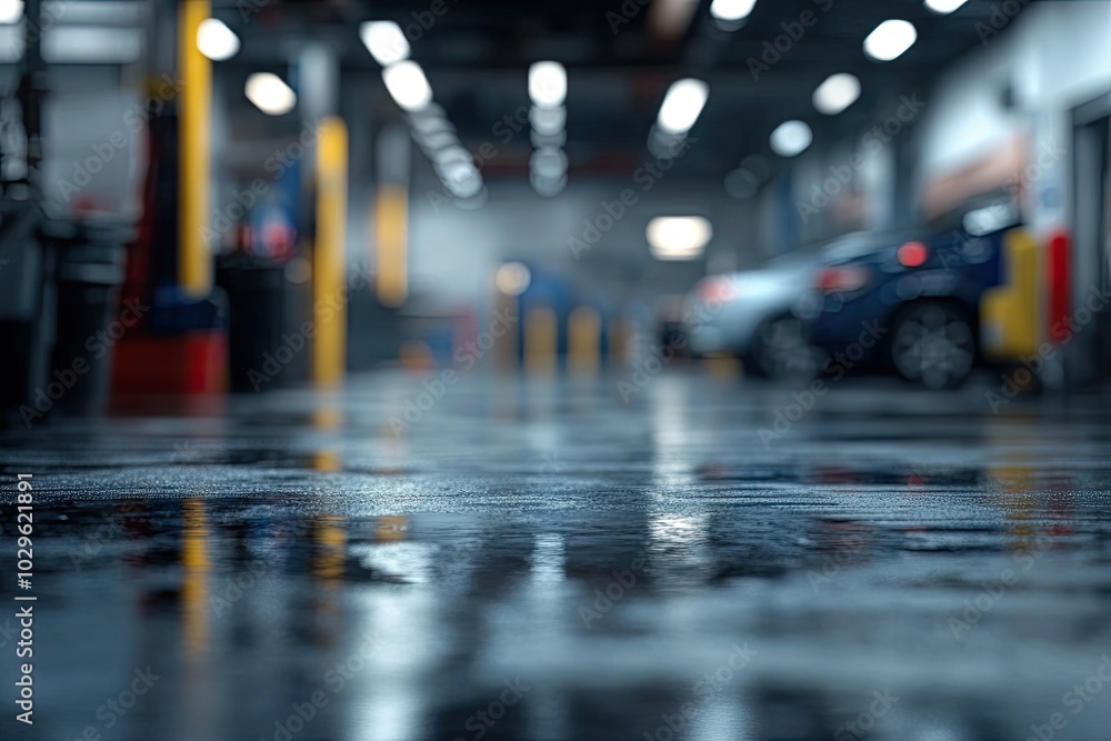Fototapeta premium Wet floor with reflections, blurred background. This image can be used for various purposes, such as illustrating the concept of wet surfaces, car maintenance, or a rainy day.