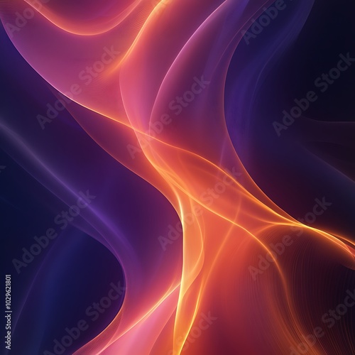 A vibrant abstract design featuring flowing waves of purple and orange hues against a dark background.