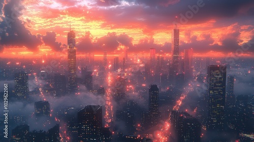 A breathtaking city skyline captured at sunset, featuring vibrant orange and purple hues, revealing towering skyscrapers amidst a foggy atmosphere.