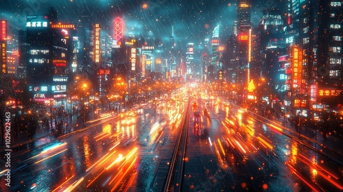 A vibrant city scene with illuminated skyscrapers, bustling traffic, and glowing signs, showcasing the lively atmosphere of an urban environment.