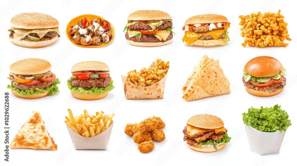 A variety of fast food items including burgers, fries, and chicken. A variety of fast food items including burgers, fries, and chicken.