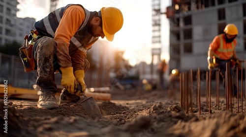 Wallpaper Mural Construction worker using a shovel at a construction site Torontodigital.ca