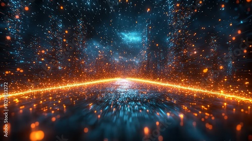 A mesmerizing abstract digital cosmic scene with vibrant blue and orange particles traveling at high speed, creating a sense of depth and energy.