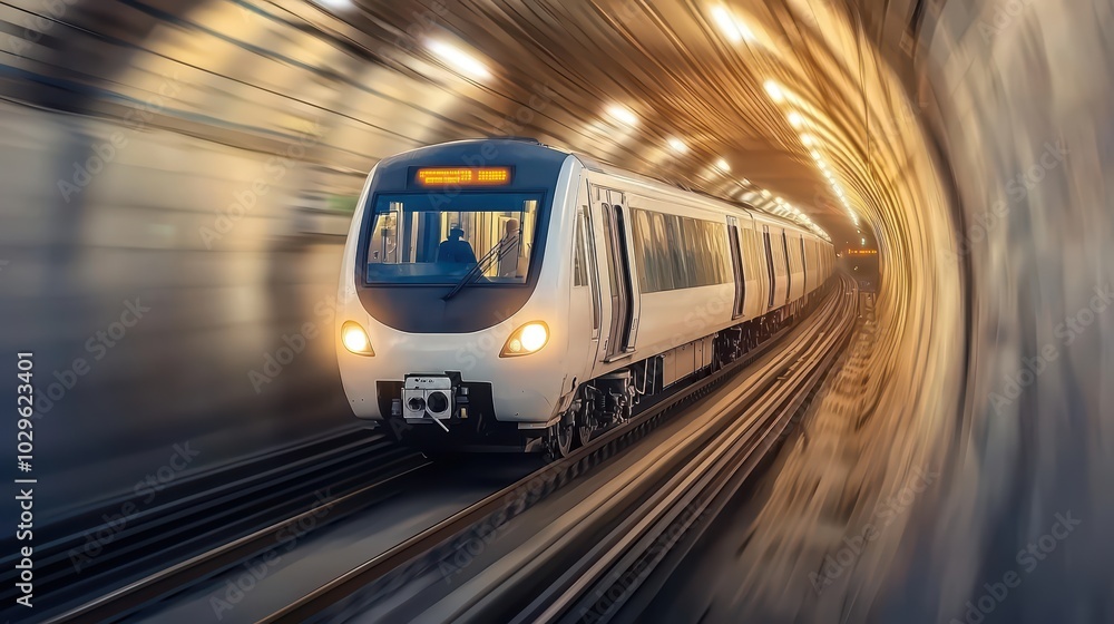 Naklejka premium A modern train speeding through a tunnel, showcasing dynamic motion with blurred lights and strong focus on the train.