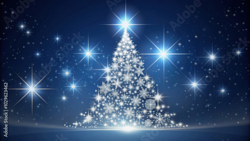 Glowing Christmas tree made of sparkling stars and snowflakes with a bright star on top against a dark blue sky