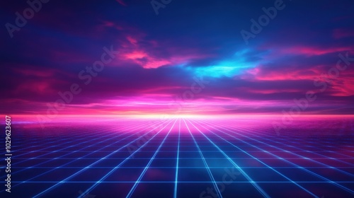 Wallpaper Mural A vibrant digital landscape with neon colors and a grid, evoking a retro-futuristic vibe. Torontodigital.ca