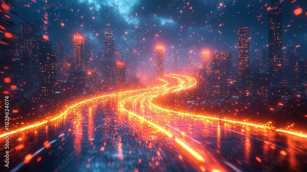A vibrant futuristic cityscape at night, featuring glowing orange pathways, illuminated buildings, and a dramatic sky. The rain enhances the vibrant glow. A vibrant futuristic cityscape at night, featuring glowing orange pathways, illuminated buildings, and a dramatic sky. The rain enhances the vibrant glow.