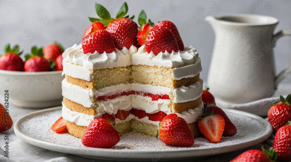 a japanese strawberry shortcake with layers of soft, fluffy sponge cake filled with freshly whipped cream and sweet, juicy strawberries a japanese strawberry shortcake with layers of soft, fluffy sponge cake filled with freshly whipped cream and sweet, juicy strawberries