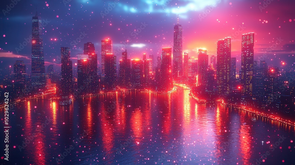 A vibrant city skyline at night showcasing towers and reflections in the water. The scene is illuminated by colorful lights, creating a stunning view. A vibrant city skyline at night showcasing towers and reflections in the water. The scene is illuminated by colorful lights, creating a stunning view.