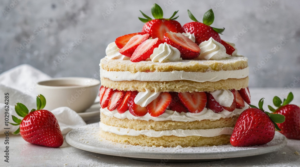 a japanese strawberry shortcake with layers of soft, fluffy sponge cake filled with freshly whipped cream and sweet, juicy strawberries a japanese strawberry shortcake with layers of soft, fluffy sponge cake filled with freshly whipped cream and sweet, juicy strawberries