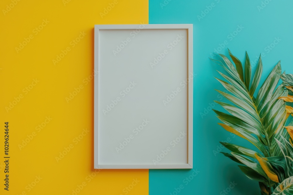 Blank picture frame on vibrant colors background with tropical plant, perfect for decoration or art display. Blank picture frame on vibrant colors background with tropical plant, perfect for decoration or art display.