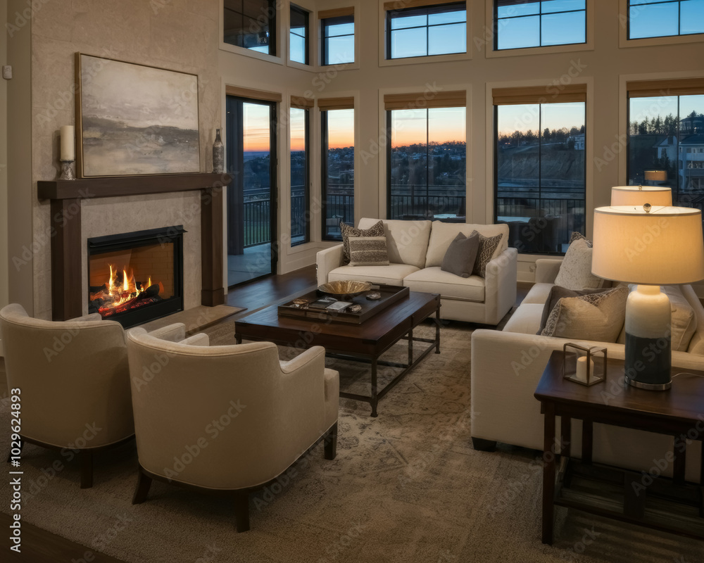Beautiful Living Room, Luxury Home, Fireplace and Roaring Fire. Luxury apartment, modern and cozy. Beautiful Living Room, Luxury Home, Fireplace and Roaring Fire. Luxury apartment, modern and cozy.