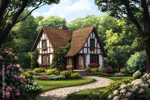 Charming cottage surrounded by vibrant gardens and trees, creating a tranquil outdoor setting.