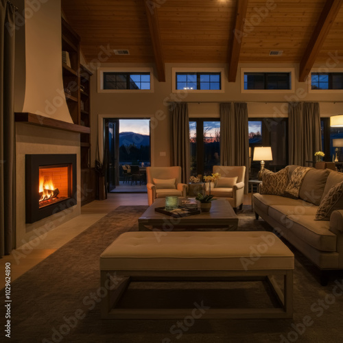 Wallpaper Mural Beautiful Living Room, Luxury Home, Fireplace and Roaring Fire. Luxury apartment, modern and cozy. Torontodigital.ca