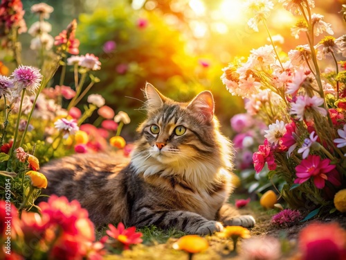 Whimsical Cat in a Flower Garden: Floral Feline Elegance in Nature