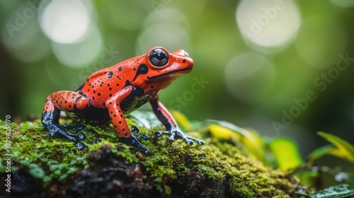 A vibrant red frog with black spots perched on moss in a lush, green environment.