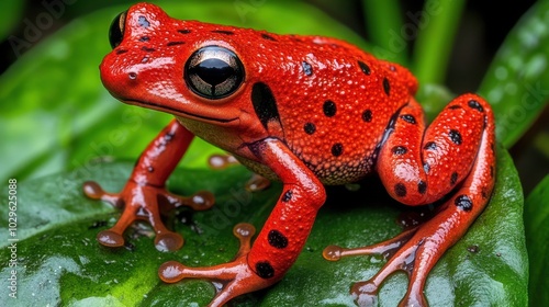 A vibrant red frog with black spots perched on a green leaf in a lush environment.