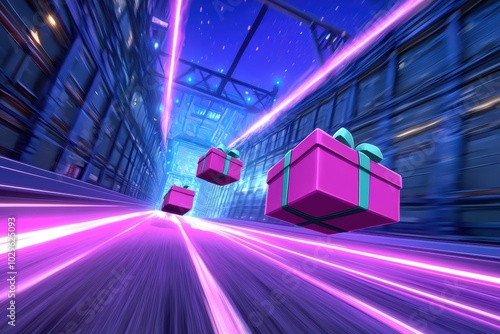 Colorful gift boxes floating through a futuristic, neon-lit corridor, creating a dynamic and vibrant visual.