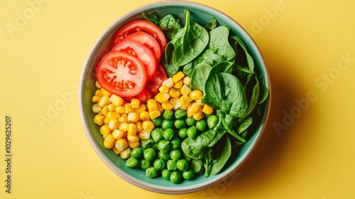 A vibrant salad bowl featuring fresh vegetables like spinach, tomatoes, corn, and peas.