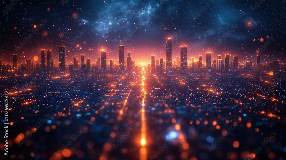 This stunning image captures a futuristic skyline at sunset, showcasing tall buildings against a vibrant cosmic sky. The city lights shimmer beautifully. This stunning image captures a futuristic skyline at sunset, showcasing tall buildings against a vibrant cosmic sky. The city lights shimmer beautifully.