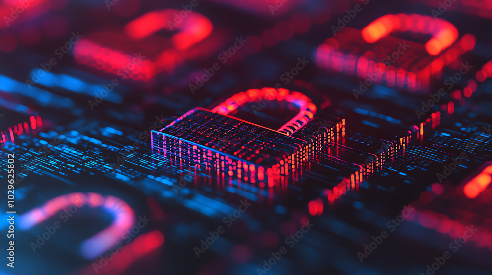 Close-up view of digital locks in vibrant colors, representing cybersecurity and technology, with a focus on data protection and privacy in the digital world.