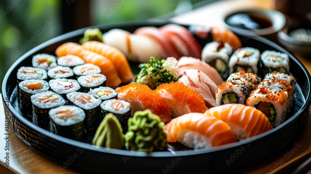 Japanese Sushi Platter with Wasabi and Soy Sauce Japanese Sushi Platter with Wasabi and Soy Sauce