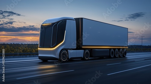 Futuristic electric truck on the highway during dusk, showcasing innovative design and technology.