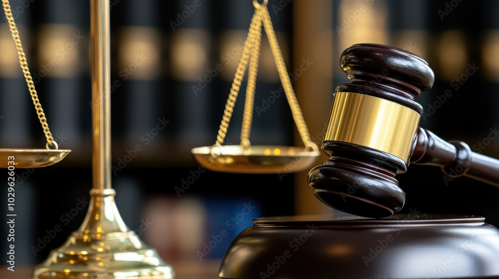 Gavel and scales of justice on desk, symbolizing law and order in a courtroom setting.
