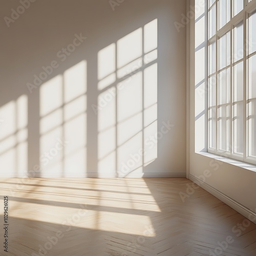 A bright, minimalist room with large windows casting shadows on the wooden floor.