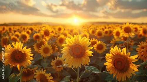 A vibrant sunflower field at sunset, showcasing nature's beauty and tranquility.