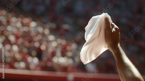 A fan proudly waves a white towel during a lively sports event in a packed stadium filled with cheering supporters