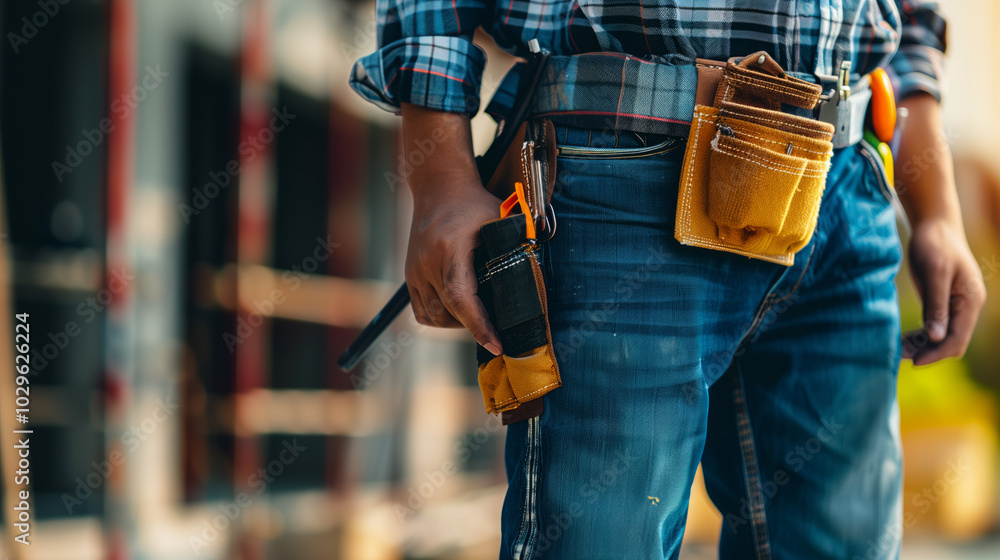 Construction Worker Ready for Job with Tool Belt at Building Site - Stock Photo Construction Worker Ready for Job with Tool Belt at Building Site - Stock Photo