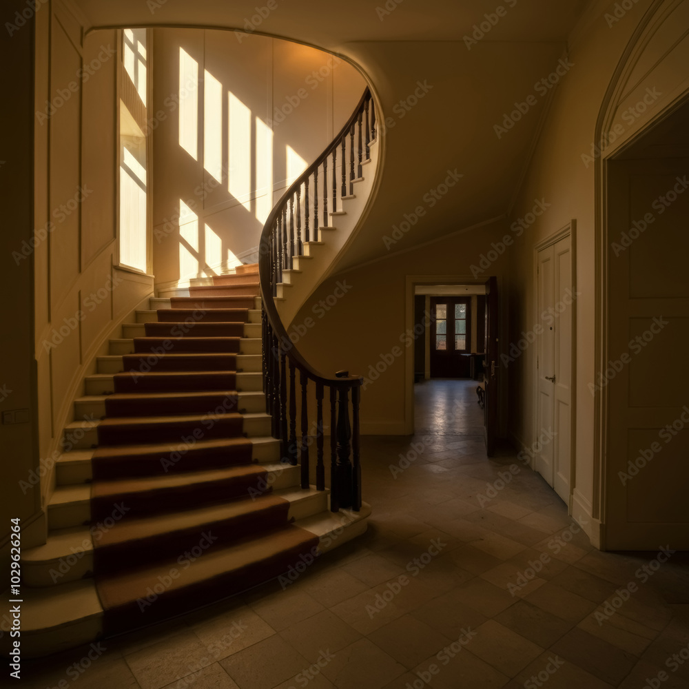 Obraz premium Foyer with curved staircase, high-class aristocratic architecture, royal interior, luxurious European style.