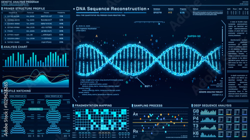 DNA Helix analysis visualization data, genome sequence ui screen, futuristic genetic engineering lab infographic interface, 3D biotechnology scan report dashboard, medical science technology backgound