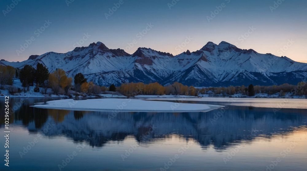 a image capturing the serene beauty of large, snow capped mountains during the blue hour a image capturing the serene beauty of large, snow capped mountains during the blue hour