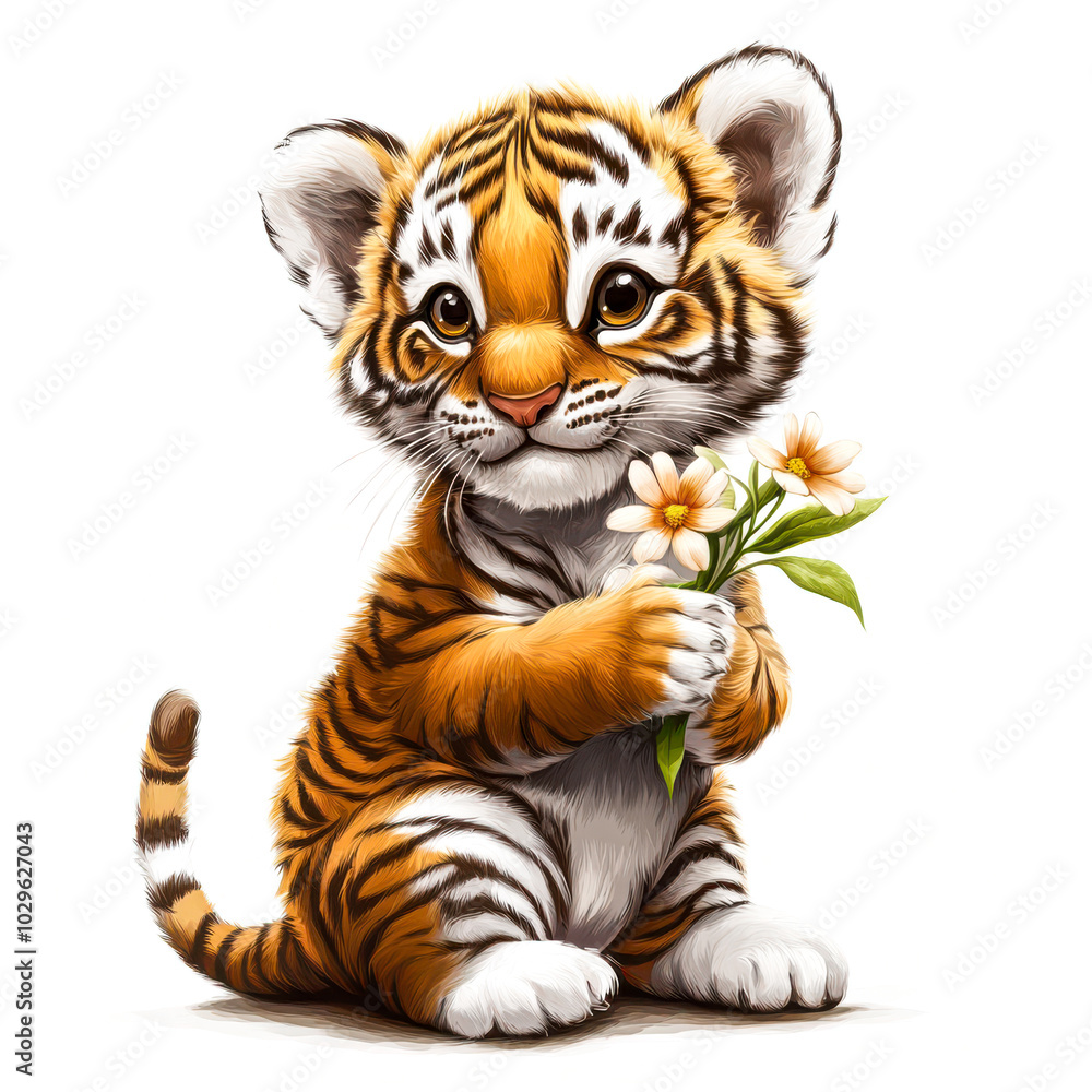 Obraz premium Adorable Tiger with Flower, Vector Illustration, White Background
