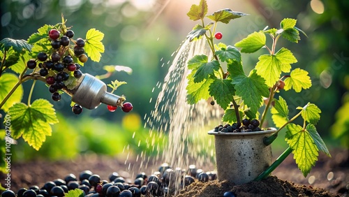 Young Blackcurrant Bush Being Watered with a Watering Can in a Garden Setting