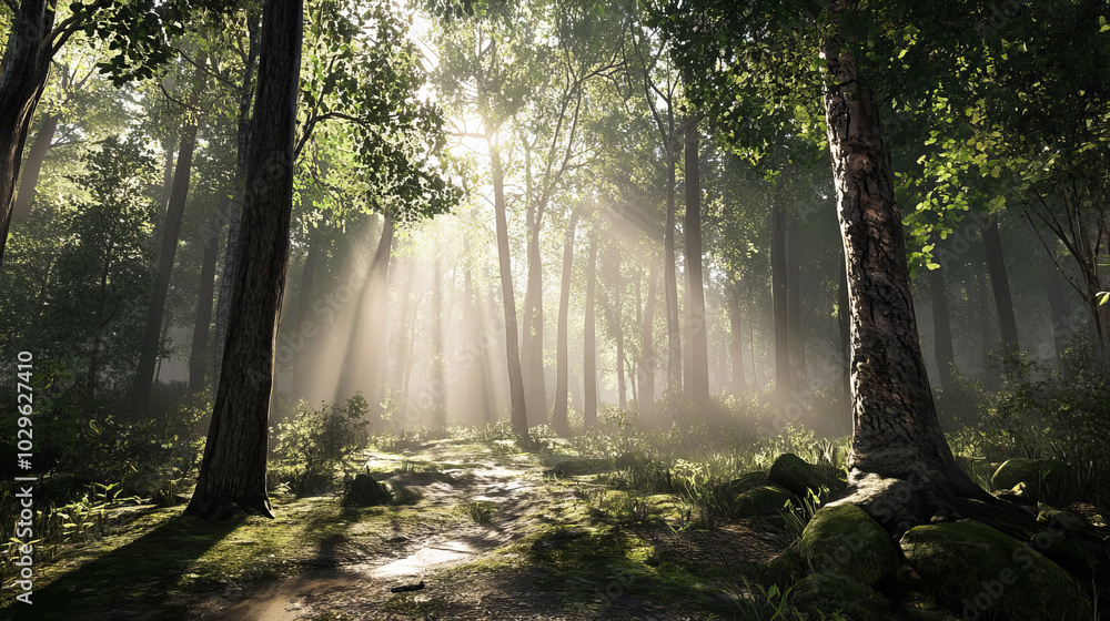 Obraz premium Sunlight streams through trees in a serene forest setting during early morning hours, highlighting the lush greenery and tranquil pathway