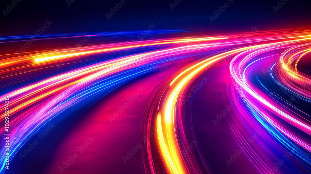 Dynamic light trails from moving vehicles create a colorful display on a city road at night Dynamic light trails from moving vehicles create a colorful display on a city road at night