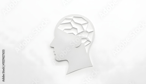 White paper cut man head illustration on isolated background. Modern 3D papercut craft people profile silhouette design for AI technology concept, psychology or human anatomy project isolated with w